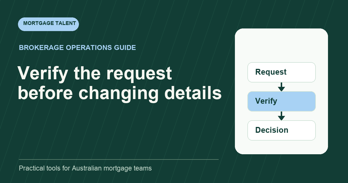 Illustrative bank-detail change handoff showing request capture, independent verification and authorised decision.