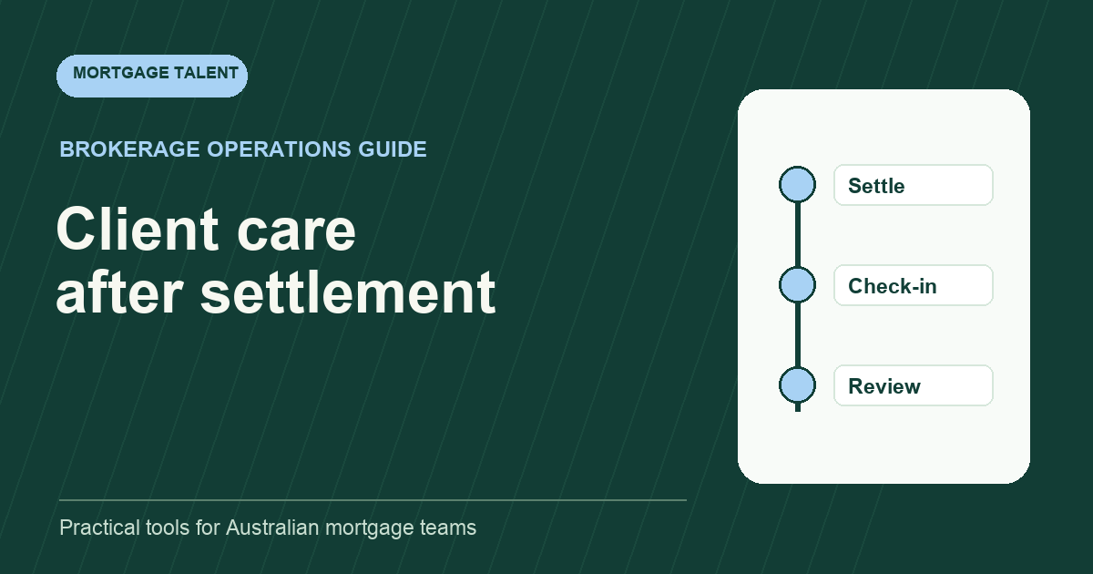Post-settlement client care timeline from confirmation through check-in and future review