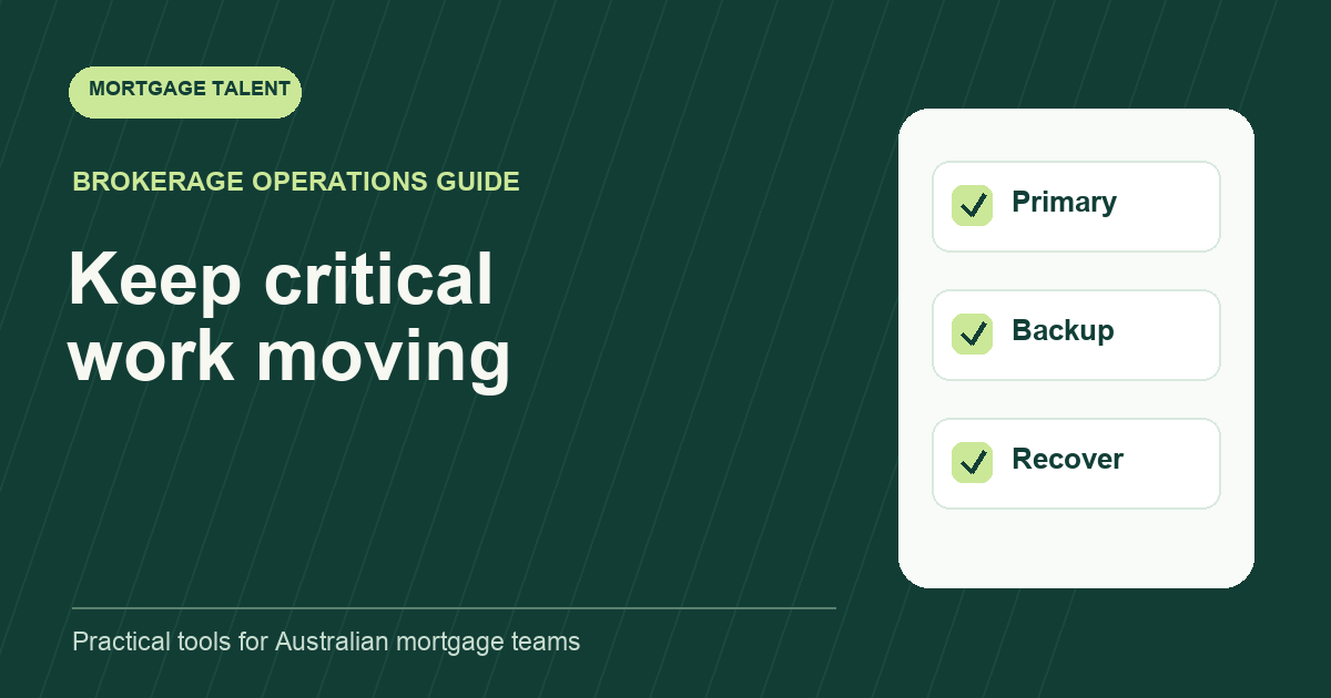 Mortgage outsourcing continuity plan connecting primary owner, backup coverage, system recovery and queue reconciliation