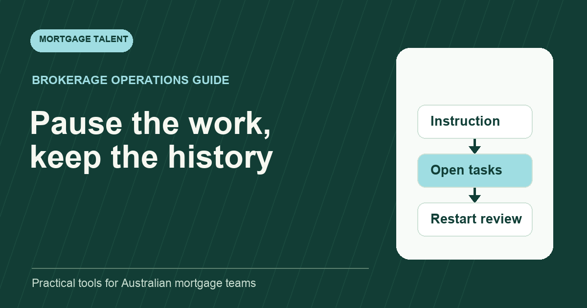 Illustrative paused-file workflow showing broker instruction, task reconciliation and restart review.