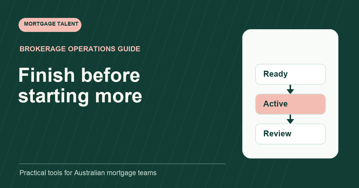 Mortgage Talent diagram headed Finish before starting more with steps Ready, Active, Review