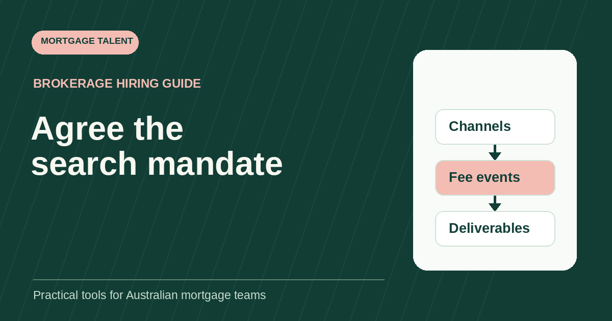 Recruitment search mandate showing sourcing channels, fee-triggering events and agreed search deliverables.
