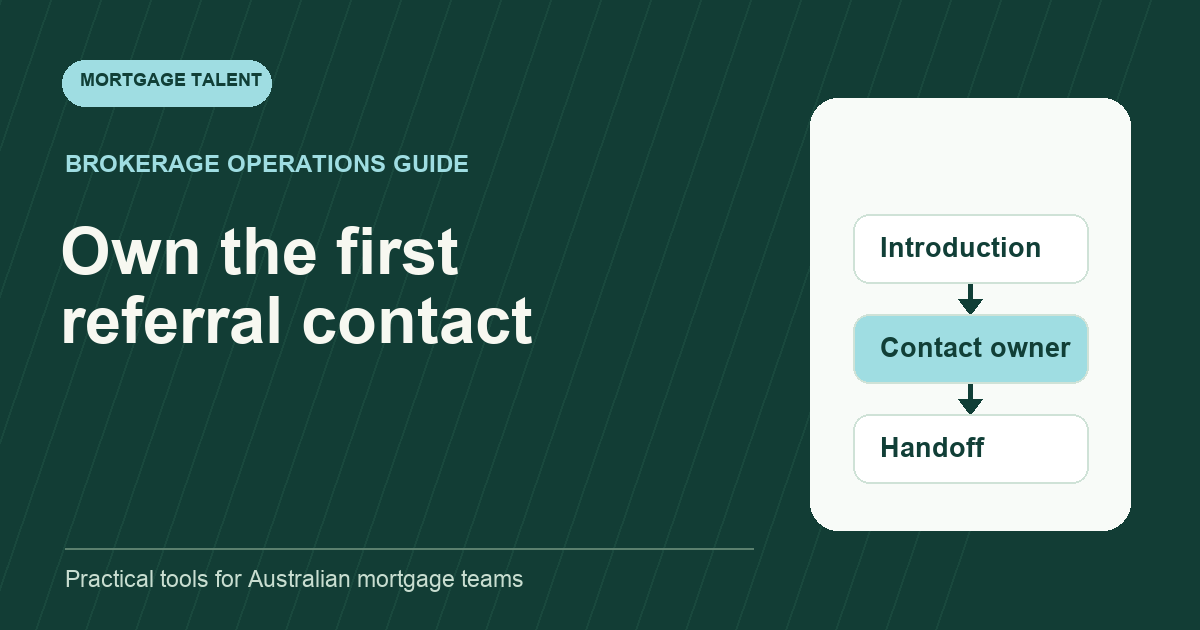 Illustrative incoming-referral workflow showing introduction, contact owner and broker handoff.