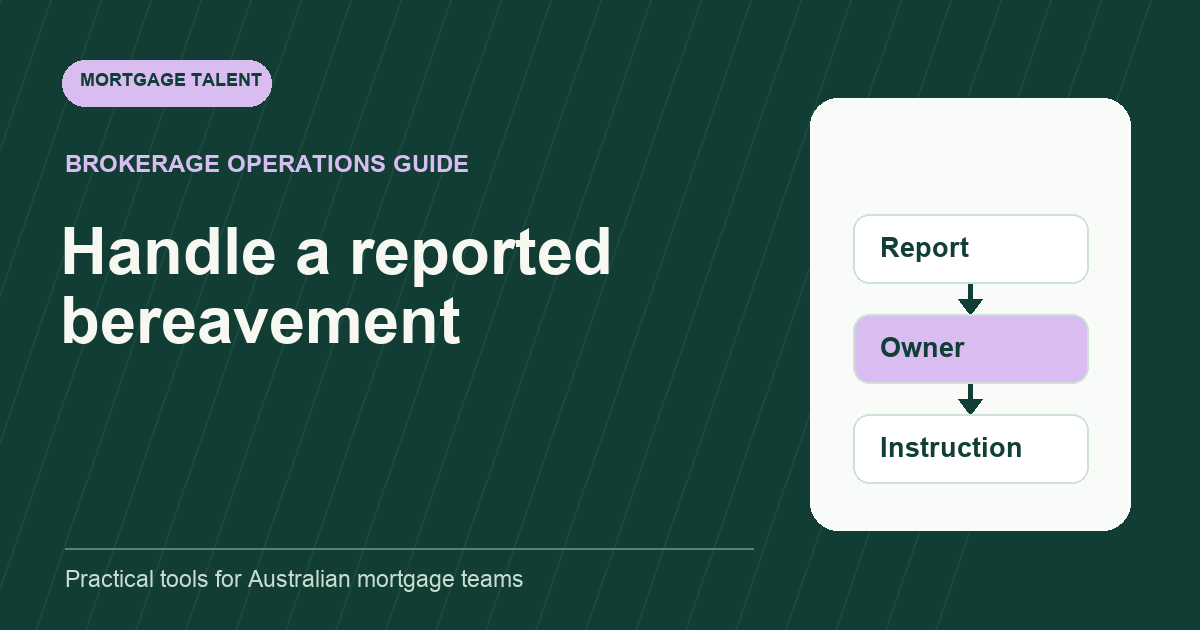 Bereavement notifications: define the mortgage support role: diagram connecting Report, Owner, Instruction.