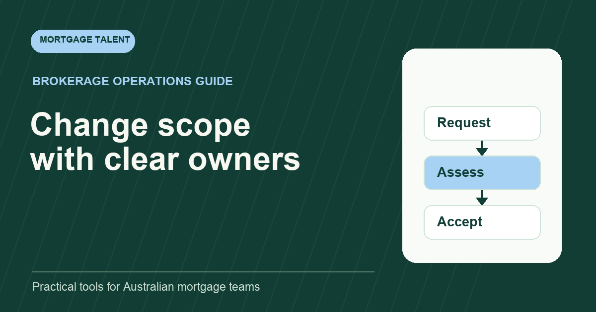 Mortgage Talent diagram headed Change scope with clear owners with steps Request, Assess, Accept