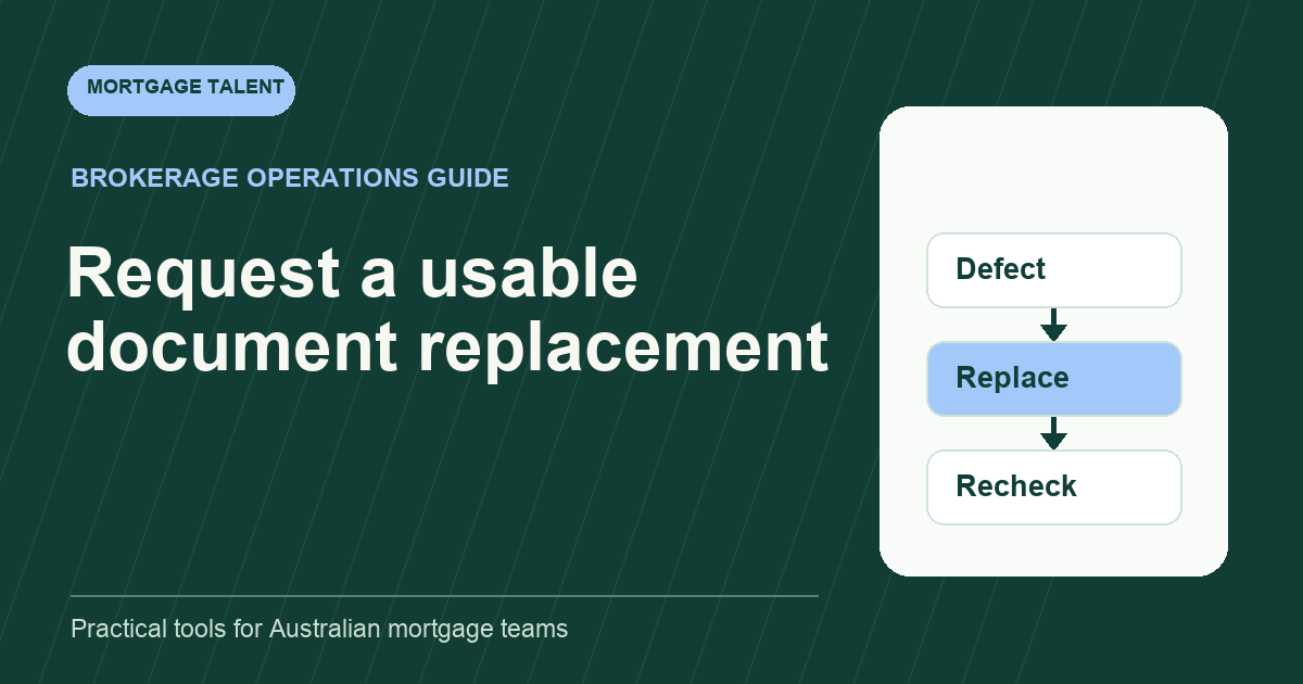Illustrative document-correction workflow showing defect, replacement and recheck.