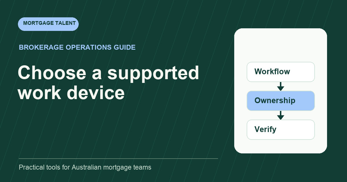 Who supplies the laptop? Choose a remote mortgage support setup: diagram connecting Workflow, Ownership, Verify.